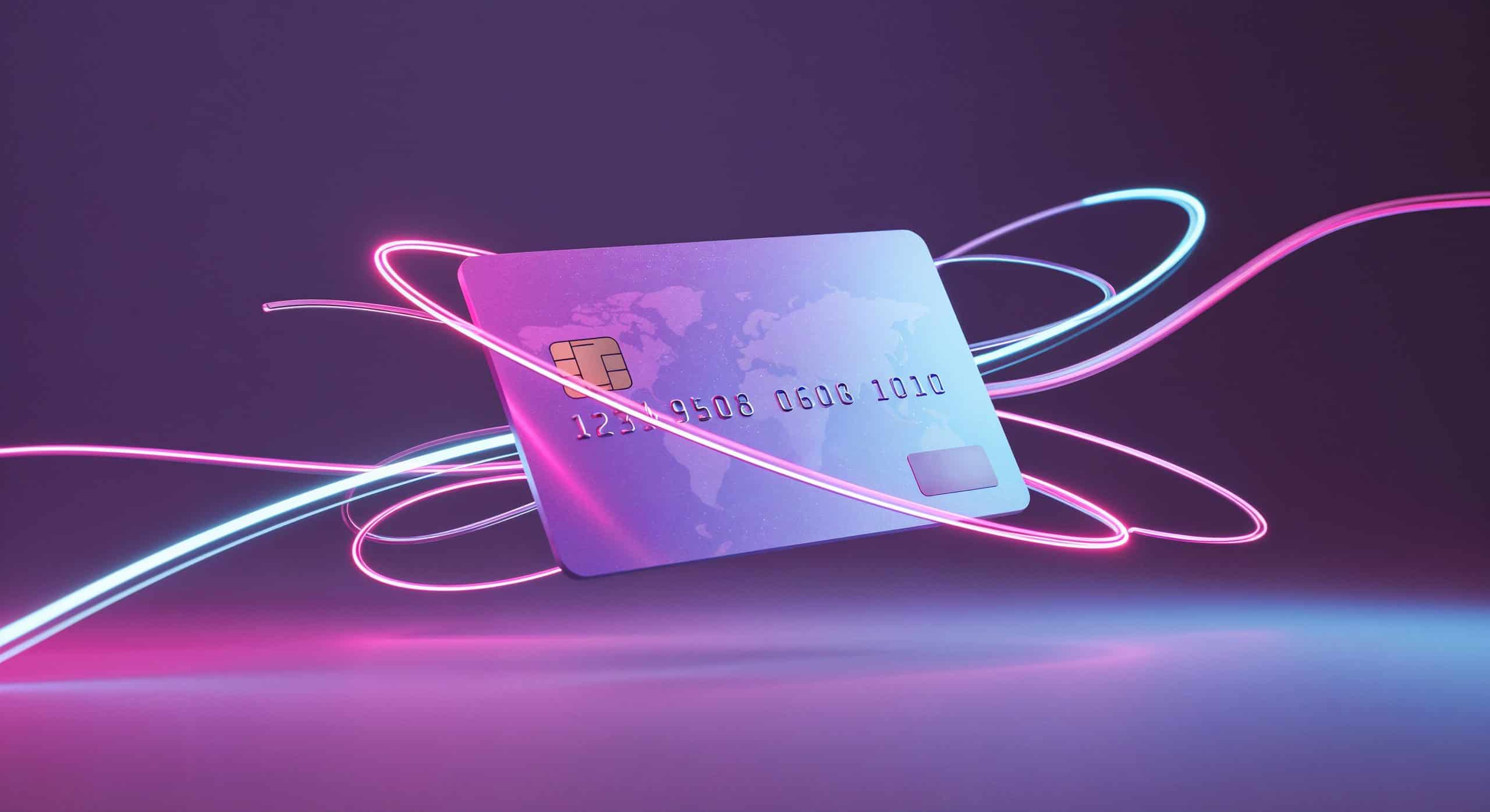 A digital credit card floating in space, surrounded by vibrant neon light trails, symbolizing the modern and futuristic concept of digital payments.