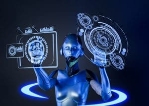 Futuristic humanoid robot interacting with transparent digital interfaces displaying holographic data and circular tech elements in a high-tech, blue-lit environment.