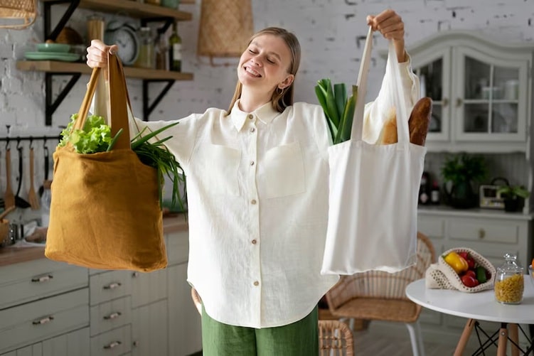 Smiling woman standing in a kitchen holding two reusable tote bags filled with fresh groceries, representing the concept of sustainable shopping and eco-friendly consumer habits.