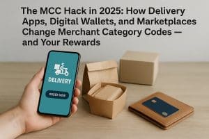 A hand holds a smartphone showing a delivery app screen with an icon of a rider on a scooter and a button labeled “Order Now.” On the wooden table beside it are brown takeaway packaging boxes and a leather wallet with a blue credit card placed on top. The scene illustrates how delivery platforms, digital wallets, and online marketplaces influence merchant category codes and affect credit card rewards for everyday purchases.