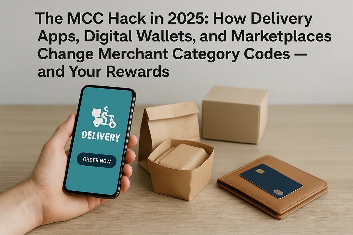 A hand holds a smartphone showing a delivery app screen with an icon of a rider on a scooter and a button labeled “Order Now.” On the wooden table beside it are brown takeaway packaging boxes and a leather wallet with a blue credit card placed on top. The scene illustrates how delivery platforms, digital wallets, and online marketplaces influence merchant category codes and affect credit card rewards for everyday purchases.