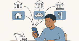 Person using a finance app on their phone to manage expenses like housing, car costs, and dining, with bank icons above.